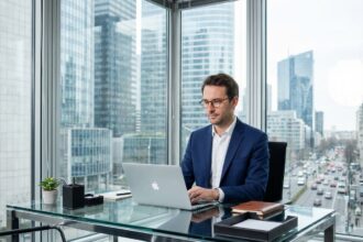 Homme d'affaires en costume dans un bureau moderne à Courbevoie