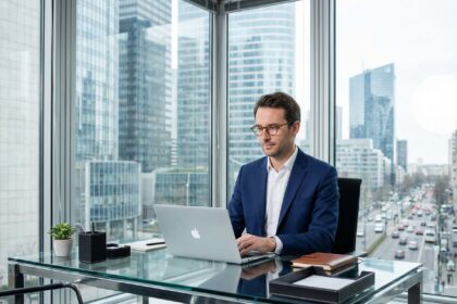 Homme d'affaires en costume dans un bureau moderne à Courbevoie