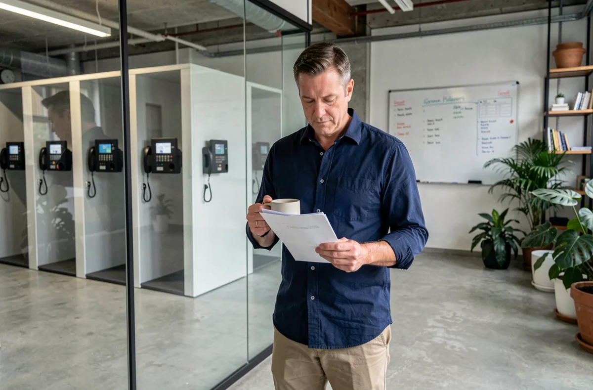 Homme d'affaires consultant des documents dans un espace de coworking moderne avec cabines téléphoniques et tableau blanc