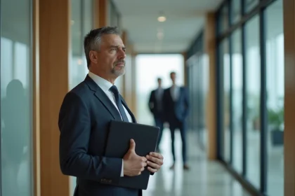 Homme d'affaires dans un hall moderne regardant par la fenêtre