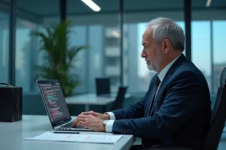 Homme d'affaires en costume travaillant sur un ordinateur au bureau