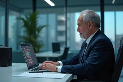 Homme d'affaires en costume travaillant sur un ordinateur au bureau