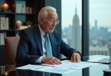 Homme d'affaires âgé dans un bureau luxueux en train de consulter des rapports