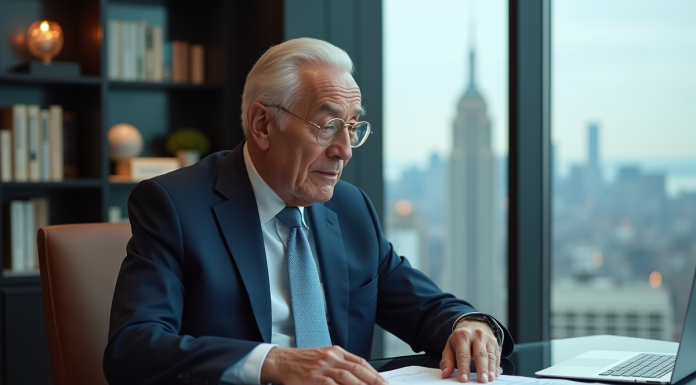 Homme d'affaires âgé dans un bureau luxueux en train de consulter des rapports