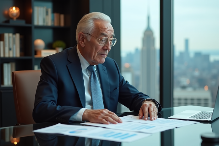 Homme d'affaires âgé dans un bureau luxueux en train de consulter des rapports