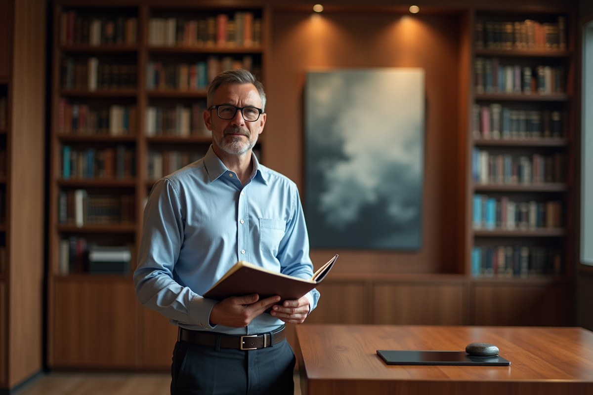 Homme en bibliothèque avec livres juridiques et tablette