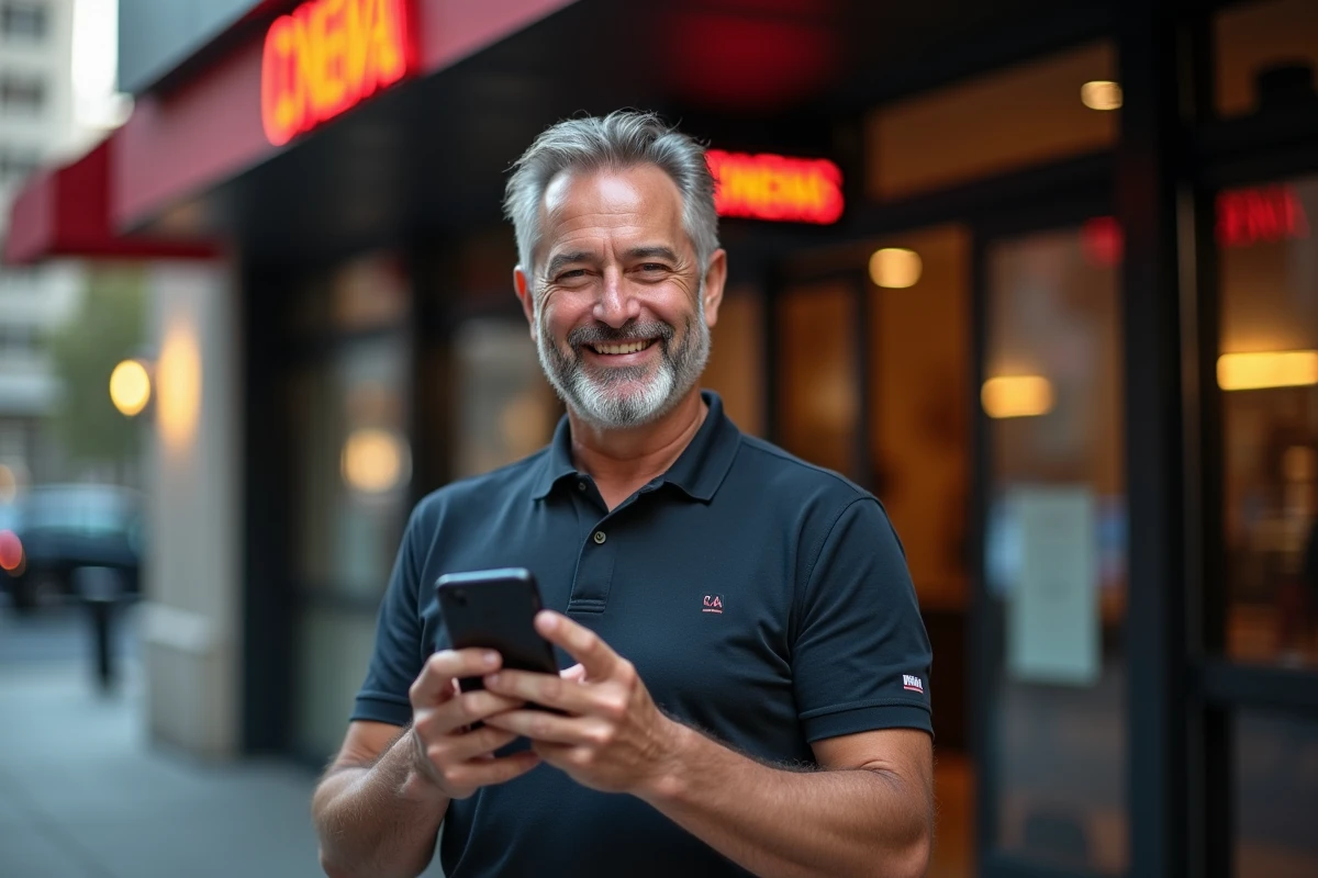 Homme utilisant l'application mobile CSE Advango pour acheter un billet de cinéma