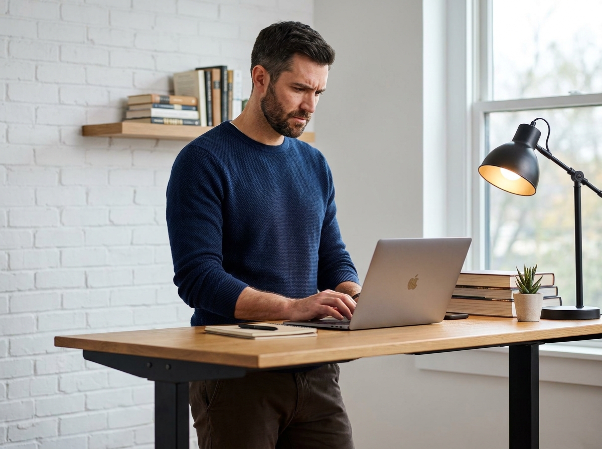 Homme debout à un bureau réglable en hauteur dans un bureau épuré, illustrant l'impact de l'environnement lumineux sur la concentration au travail