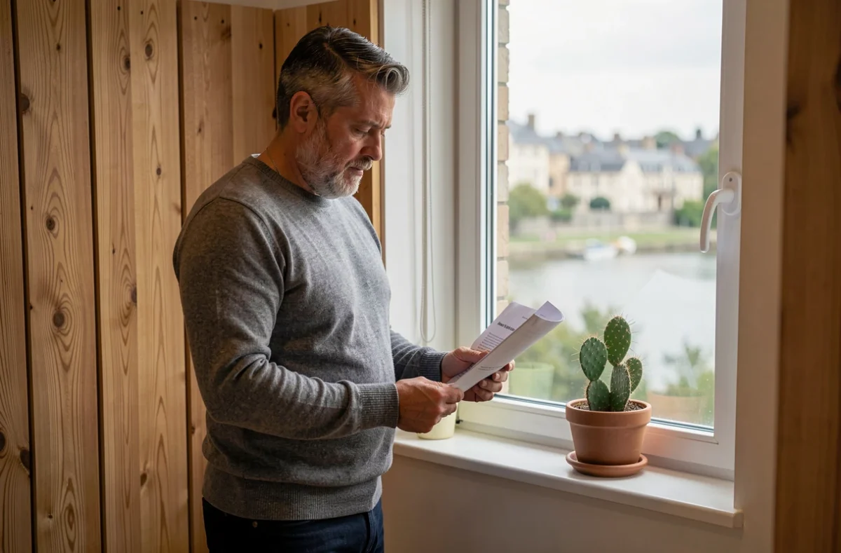 Homme debout à un bureau en bois dans un espace de coworking de Saumur avec vue sur la Loire