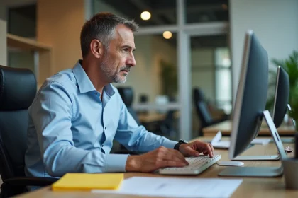 Homme d'affaires tapant sur un clavier dans un bureau moderne