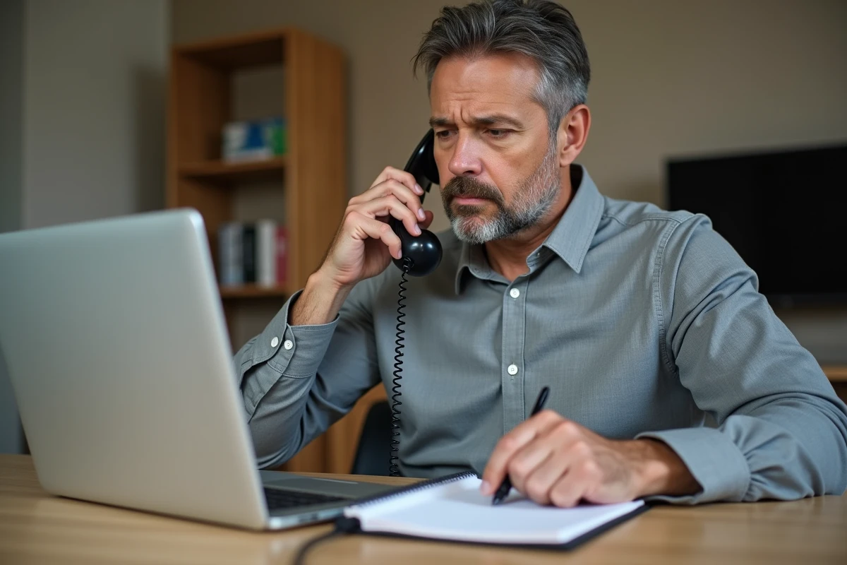 Homme au bureau contactant le service client téléphonique pour une résiliation de contrat France Télécom, avec ordinateur et bloc-notes