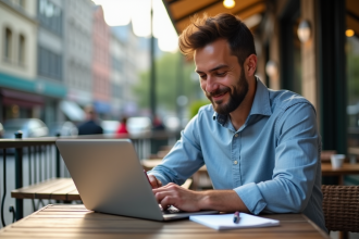 Homme d'affaires au café urbain travaillant sur son ordinateur