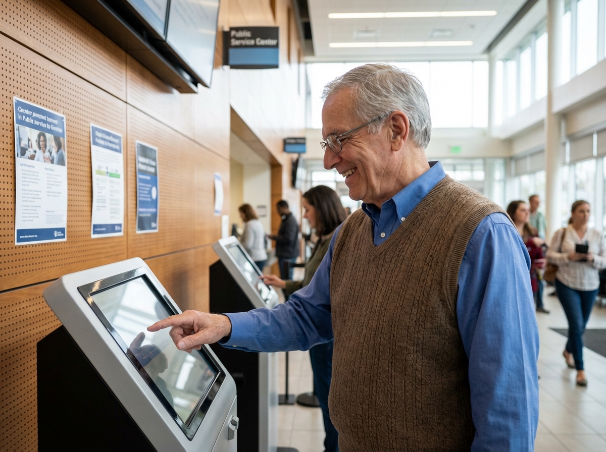 Homme senior souriant utilisant un kiosque d