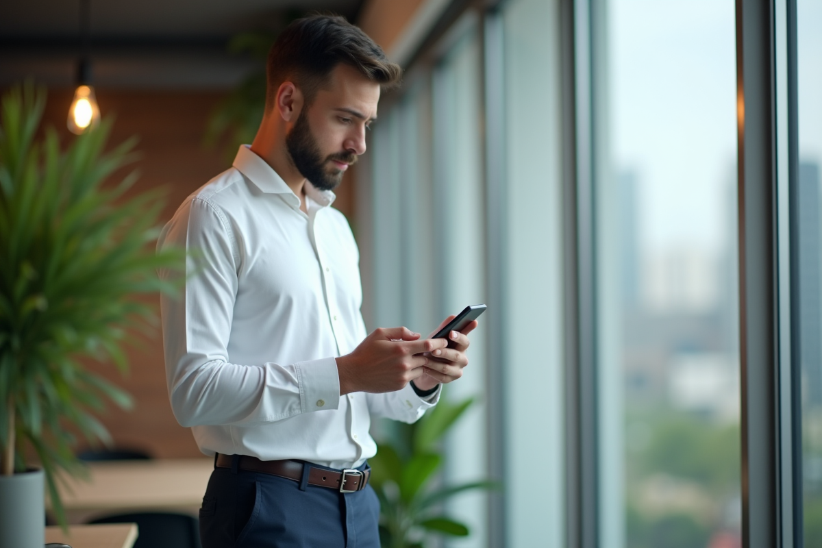 Homme en chemise regardant un calculateur publicitaire sur son smartphone