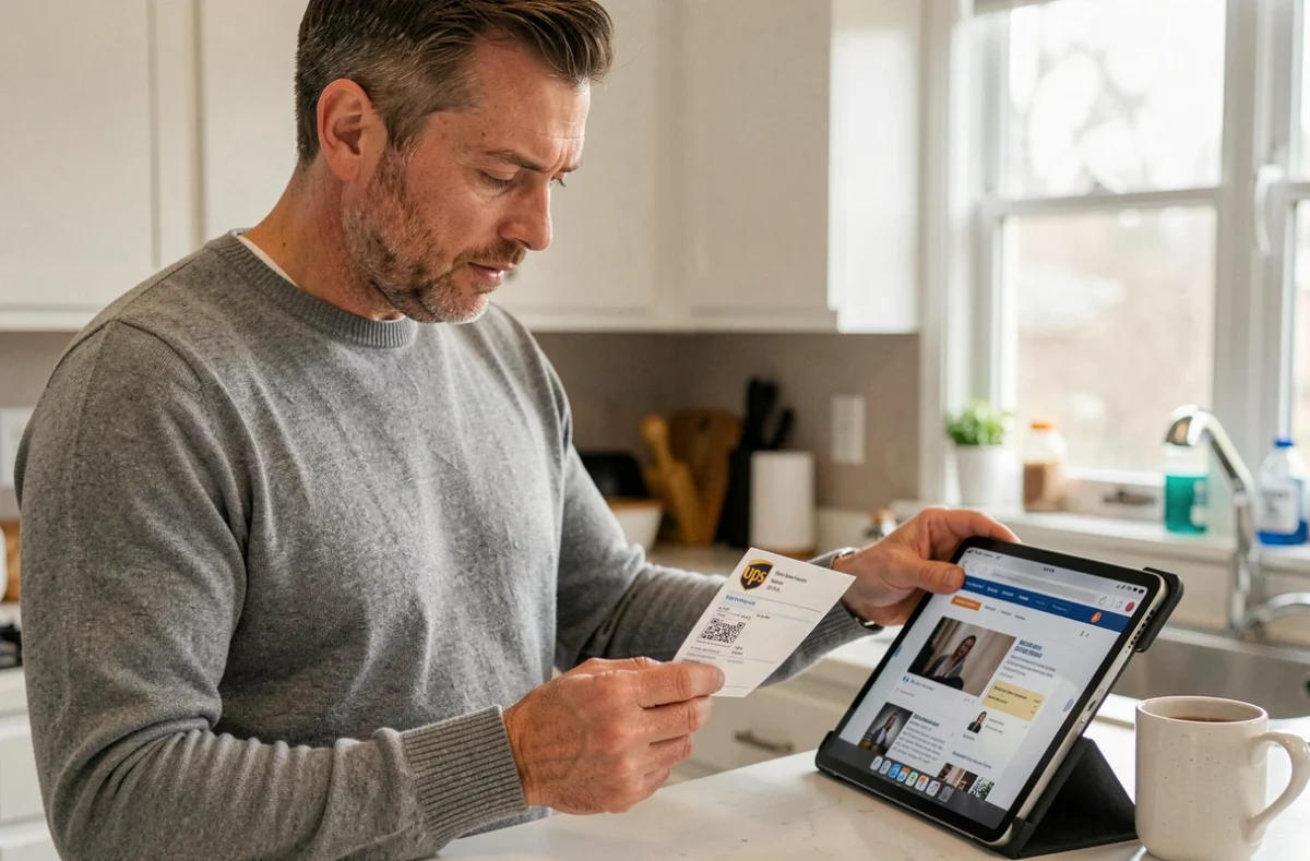 Homme en cuisine consultant un avis de passage UPS et recherchant le numéro de contact en ligne