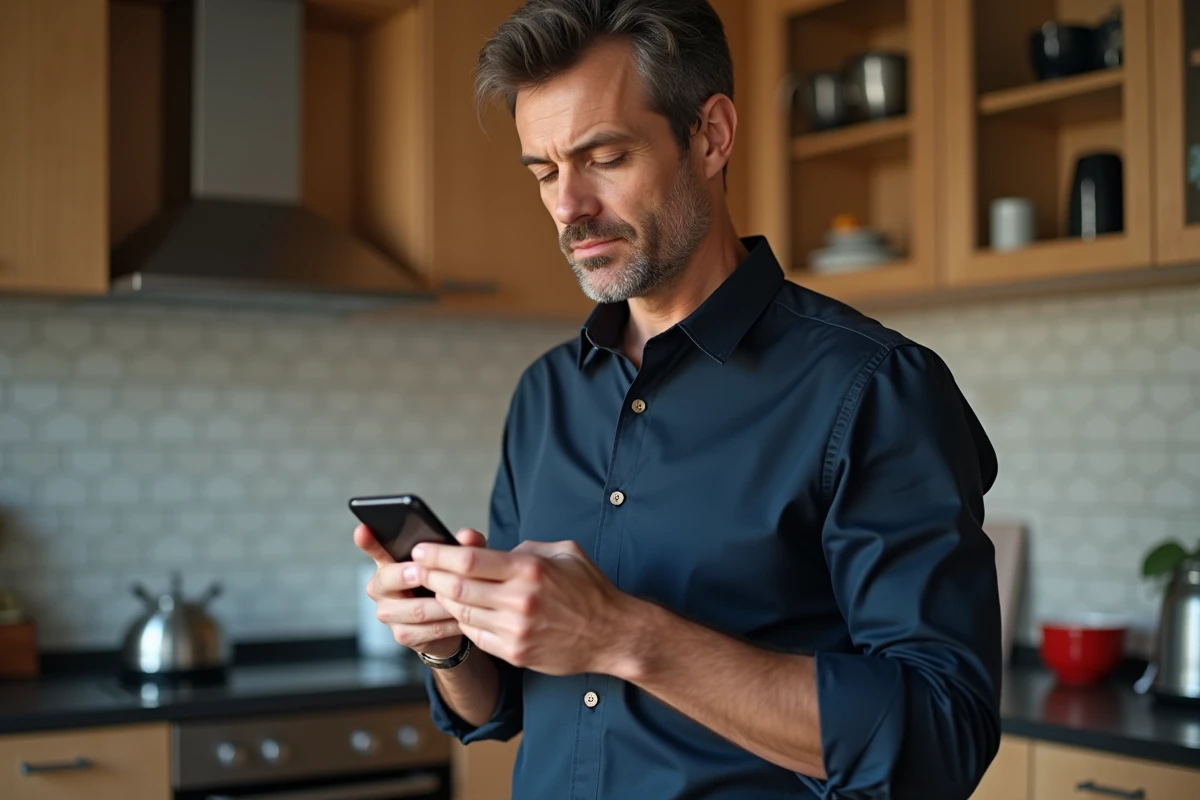 Homme à la maison entrant un mot de passe sur son smartphone