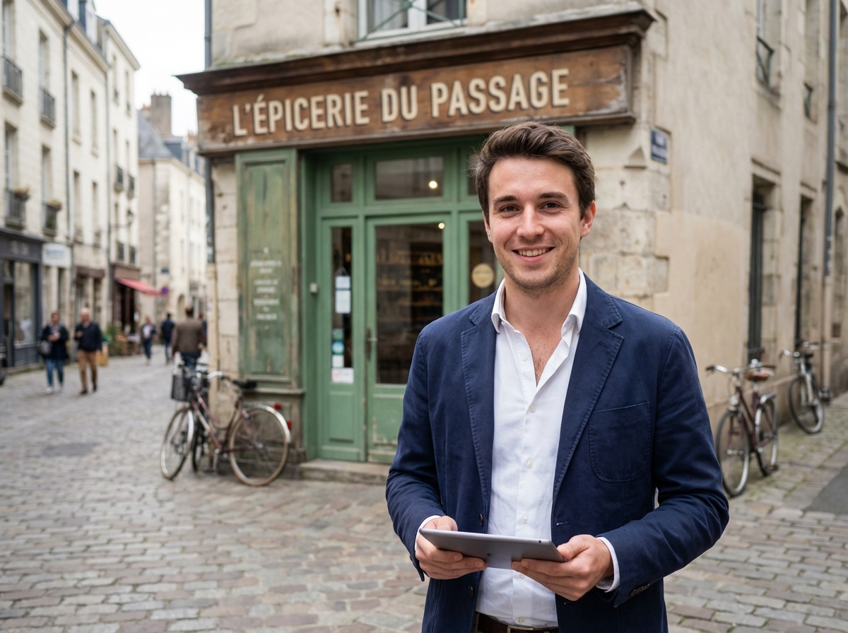Jeune homme souriant devant une boutique à Nantes