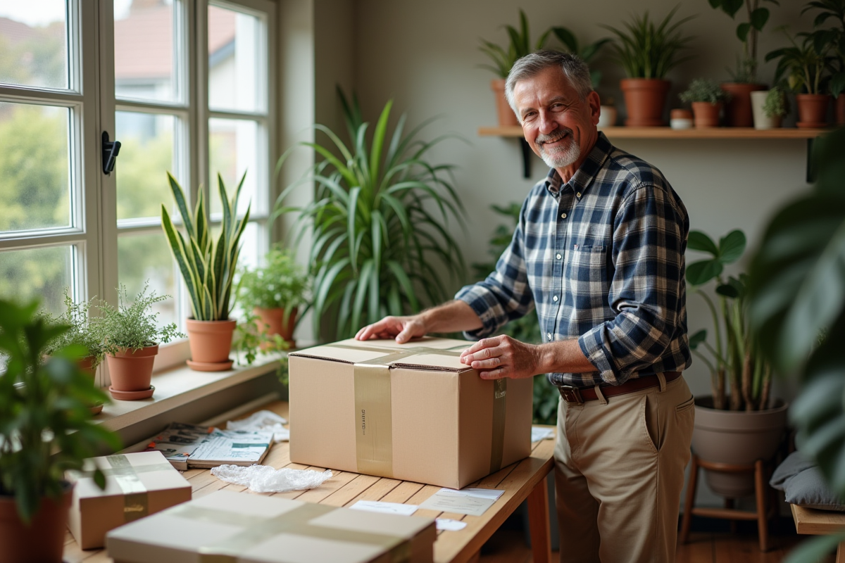 Homme scellant un colis dans un salon avec plantes