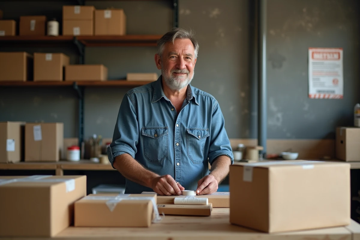 Homme dans son garage scellant des colis à la main