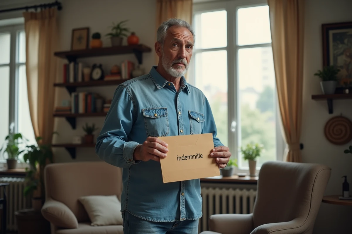 Homme regarde une enveloppe indemnité dans un salon