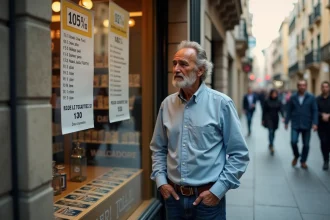 Homme espagnol regardant une liste de prix de cigarettes devant un magasin