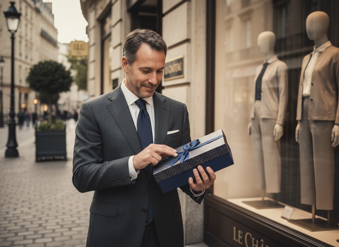 Homme d affaires regardant un colis dans une boutique élégante