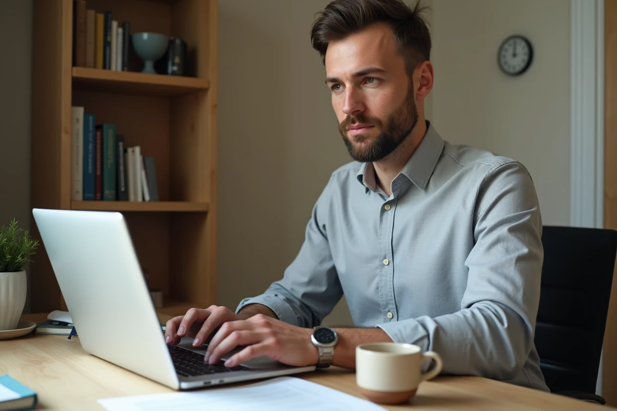 Homme consultant un extrait Kbis imprimé à son bureau à domicile pour vérifier les informations d'une entreprise