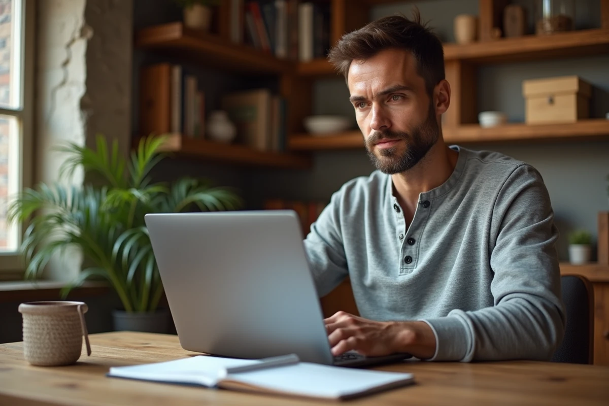 Homme travaillant sur un logiciel de gestion de projet de type Kanban depuis son bureau à domicile avec un carnet de notes