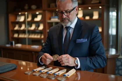 Homme d'âge moyen examine des médailles du Travail dans une bijouterie