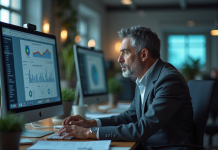 Homme d'âge moyen au bureau contemplant des graphiques