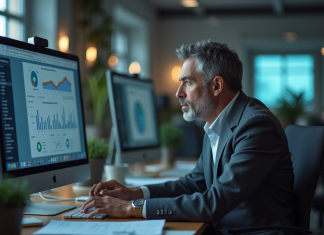 Effets négatifs du progrès technique : impacts et solutions Homme d'âge moyen au bureau contemplant des graphiques