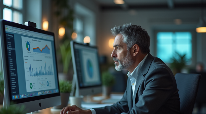 Homme d'âge moyen au bureau contemplant des graphiques