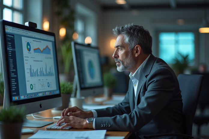 Homme d'âge moyen au bureau contemplant des graphiques