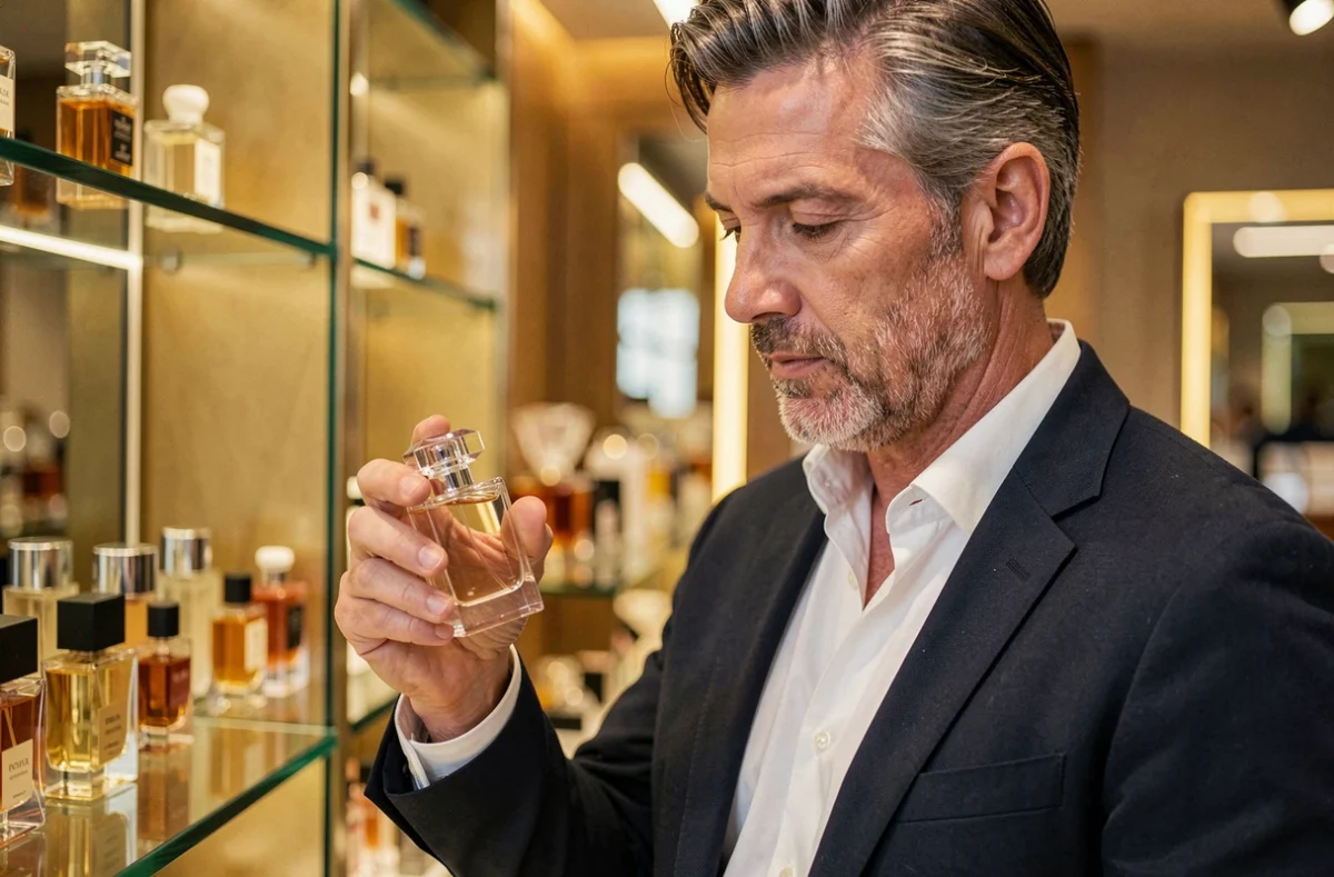 Homme élégant tenant un flacon de parfum de luxe au comptoir d'une parfumerie haut de gamme, univers olfactif LVMH