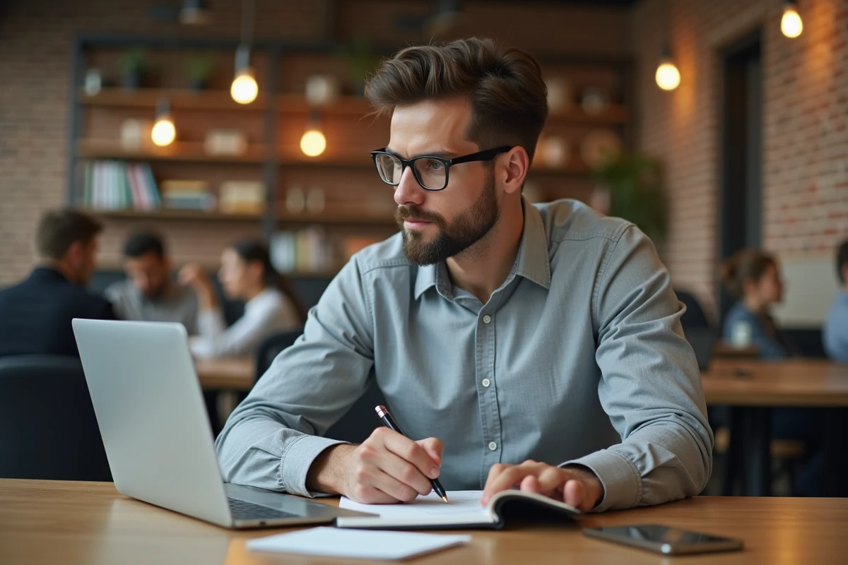 Jeune homme préparant sa candidature à un poste avec soin et réflexion dans un espace de coworking