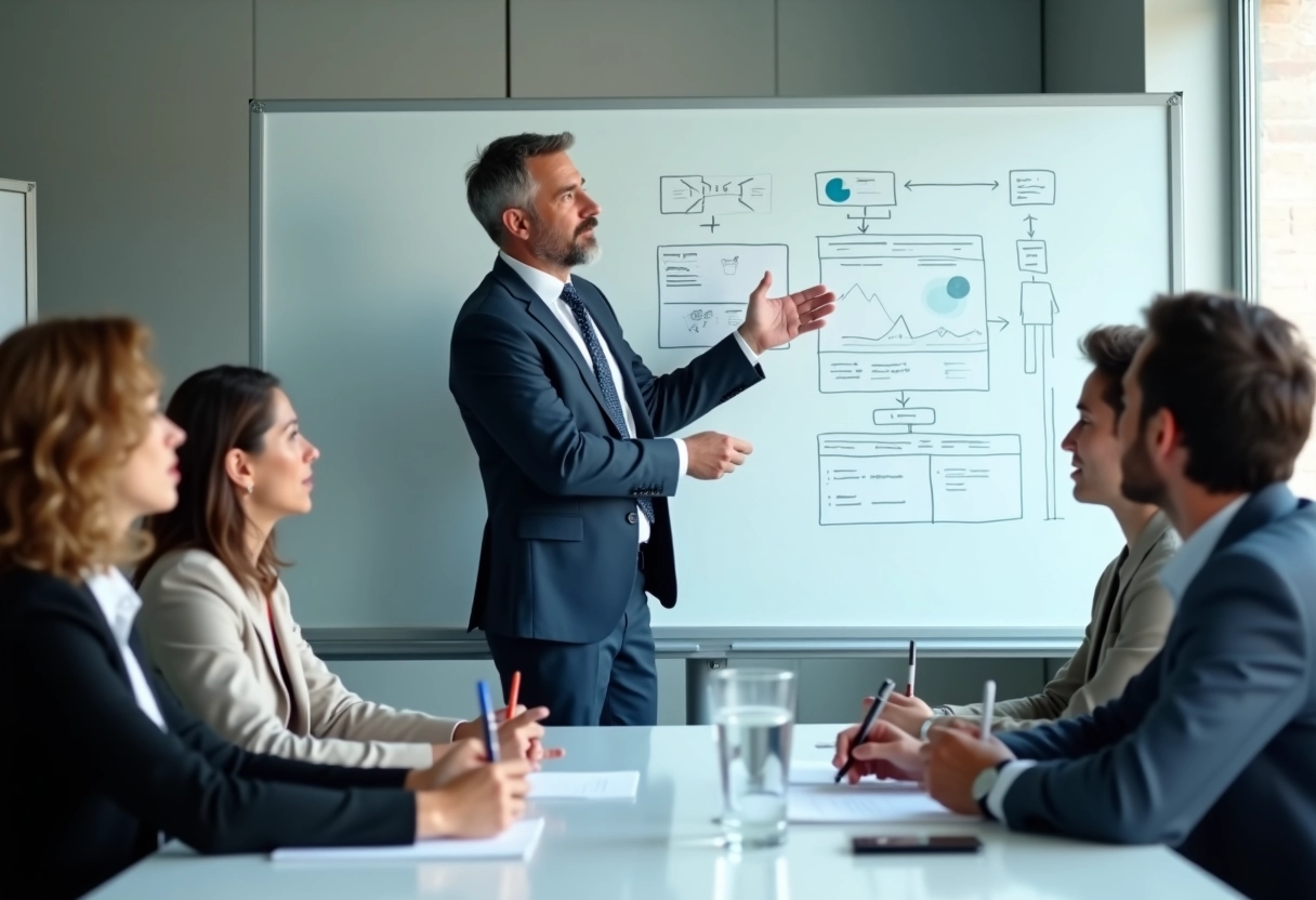 Homme en costume expliquant des diagrammes en réunion