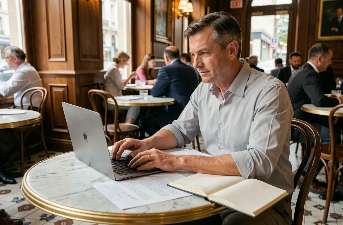 Homme rédigeant un email professionnel dans un café parisien avec une lettre imprimée et un carnet de notes