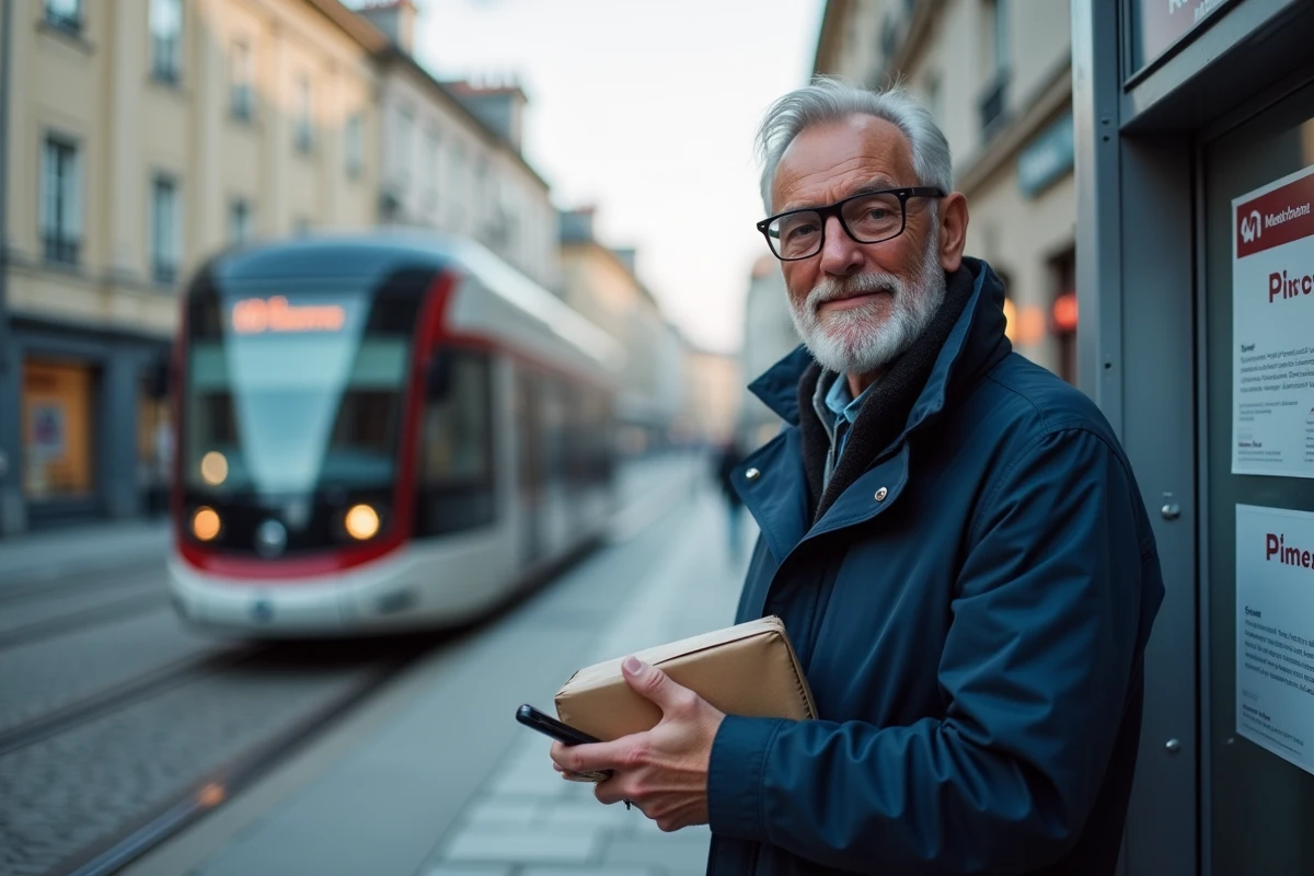 Homme avec parcel devant un point relais à Lille avec tram en arrière-plan