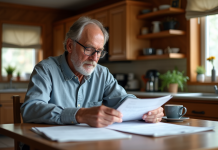 Homme d'âge moyen lisant des documents fiscaux dans une cuisine québécoise