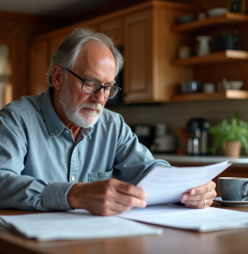 Taxes au Québec : comprendre les impôts locaux et provinciaux Homme d'âge moyen lisant des documents fiscaux dans une cuisine québécoise