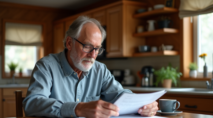 Homme d'âge moyen lisant des documents fiscaux dans une cuisine québécoise