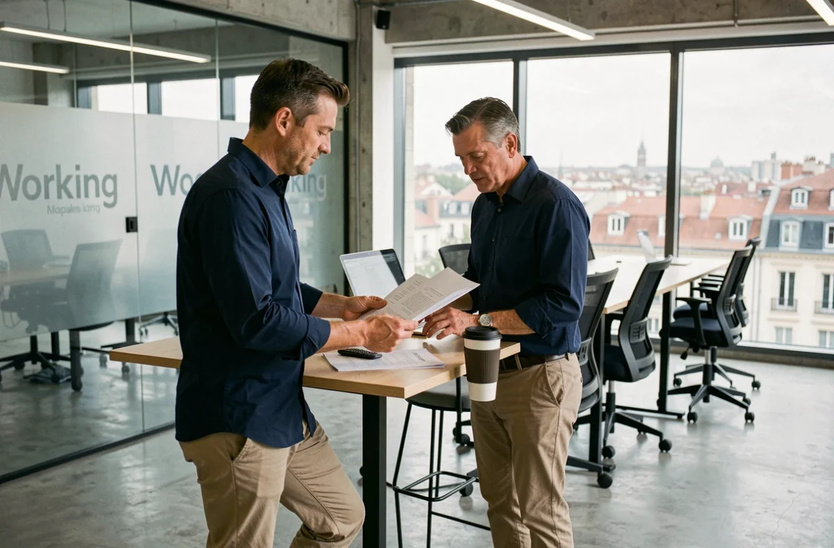 Homme debout à un bureau en espace de coworking à Toulouse avec vue sur les toits de la ville
