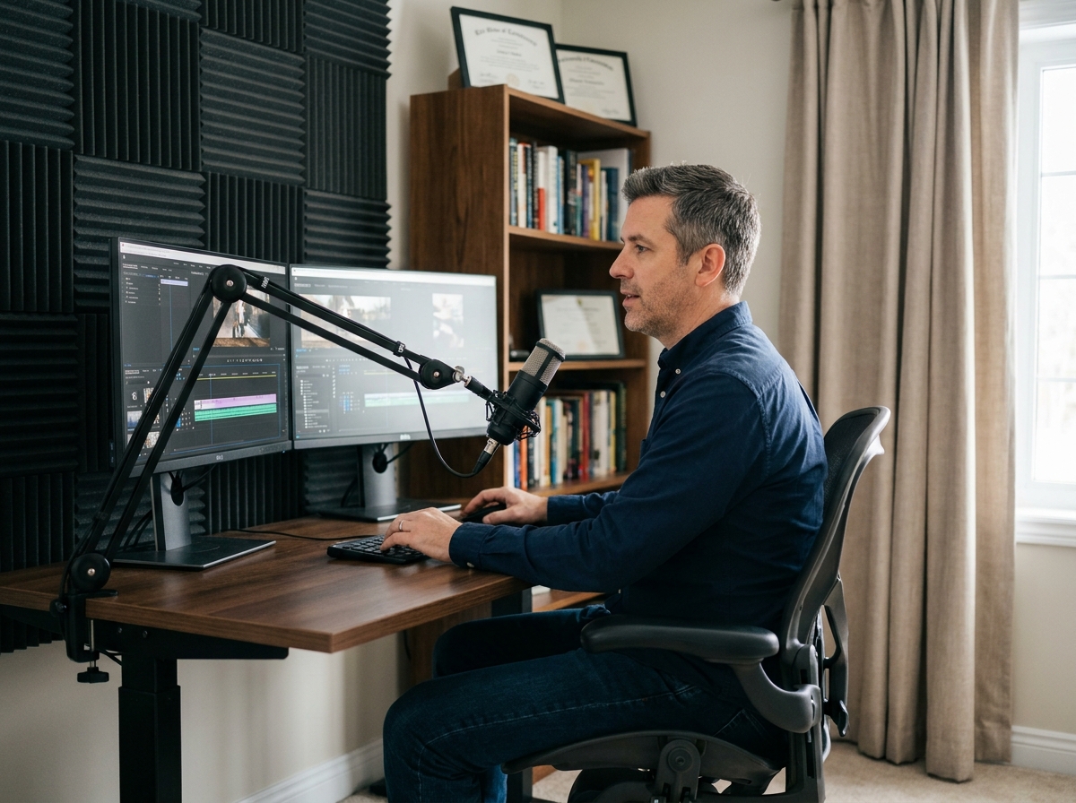 Homme enregistrant un cours en ligne depuis son studio professionnel à domicile avec double écran et microphone
