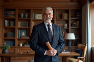 Homme en costume dans une bibliothèque luxueuse