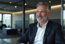 PDG actuel de Tesla : Qui est-il vraiment ? Homme en costume dans un bureau moderne design