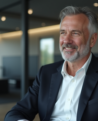 PDG actuel de Tesla : Qui est-il vraiment ? Homme en costume dans un bureau moderne design