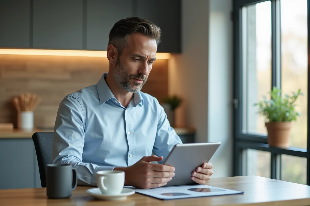 Homme utilisant une tablette dans une cuisine moderne