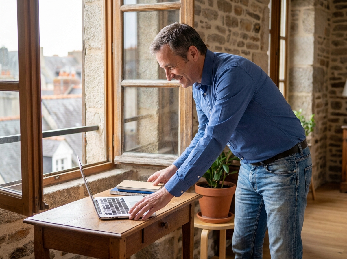 Homme souriant arrangeant son bureau à Vannes