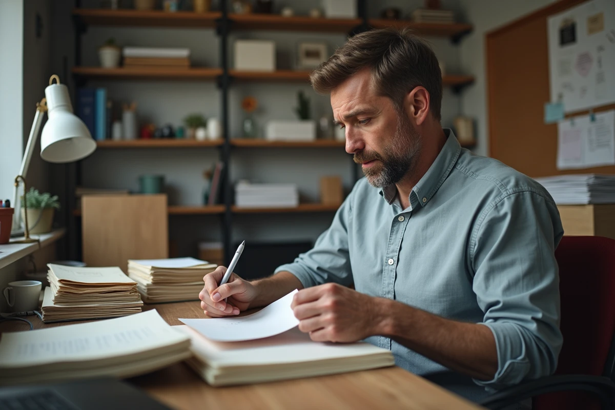 Homme d age triant des lettres dans son bureau à domicile