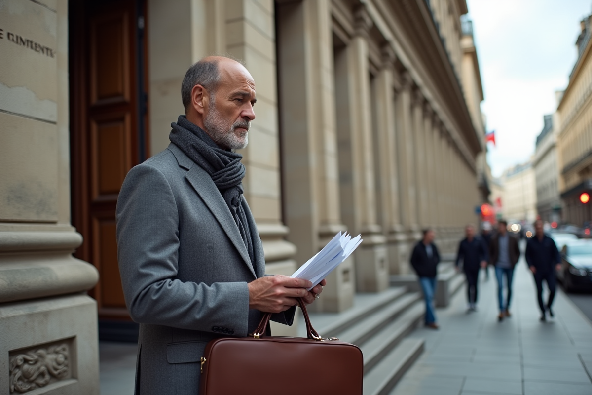 Homme français examinant des papiers devant un tribunal